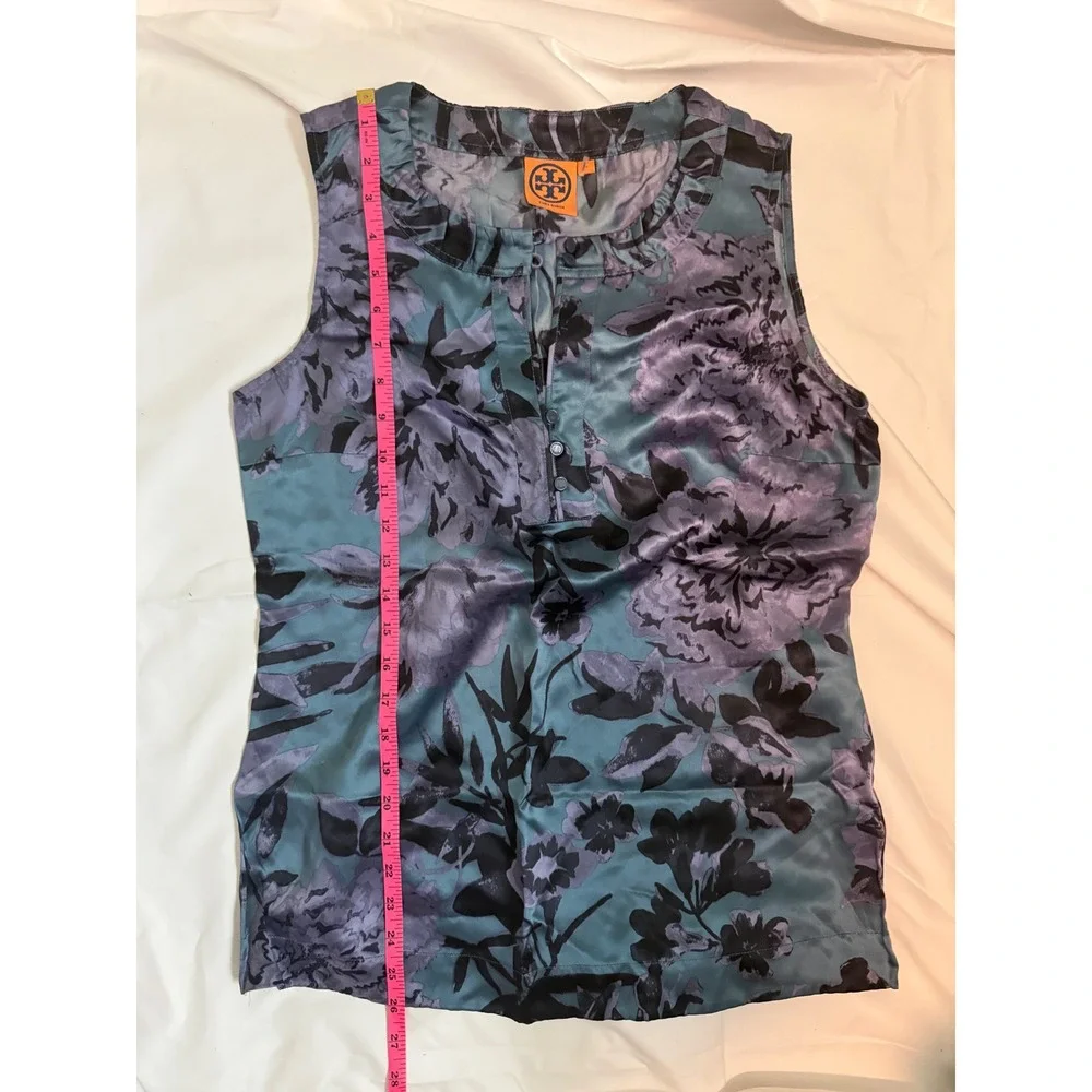 Tory Burch Teal Purple Floral Silk Blend Sleeveless Ruffle‎ Neck Blouse Size 6